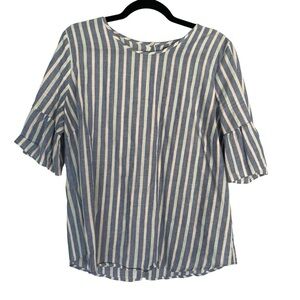Izod Cotton Linen Blend Vertical Stripe Short Flutter Sleeve Button Back Top